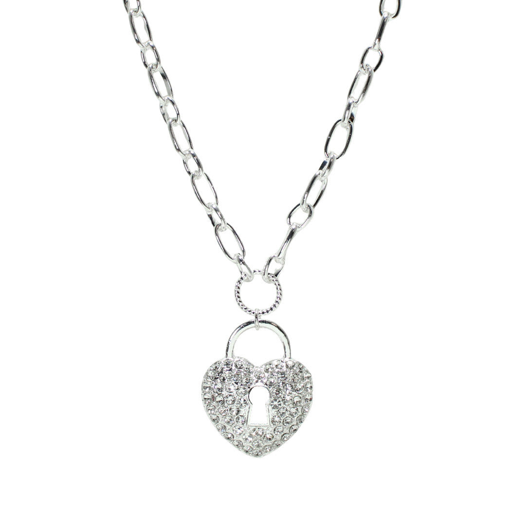 Silver Pave Heart Lock Pendant Necklace