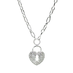 Silver Pave Heart Lock Pendant Necklace