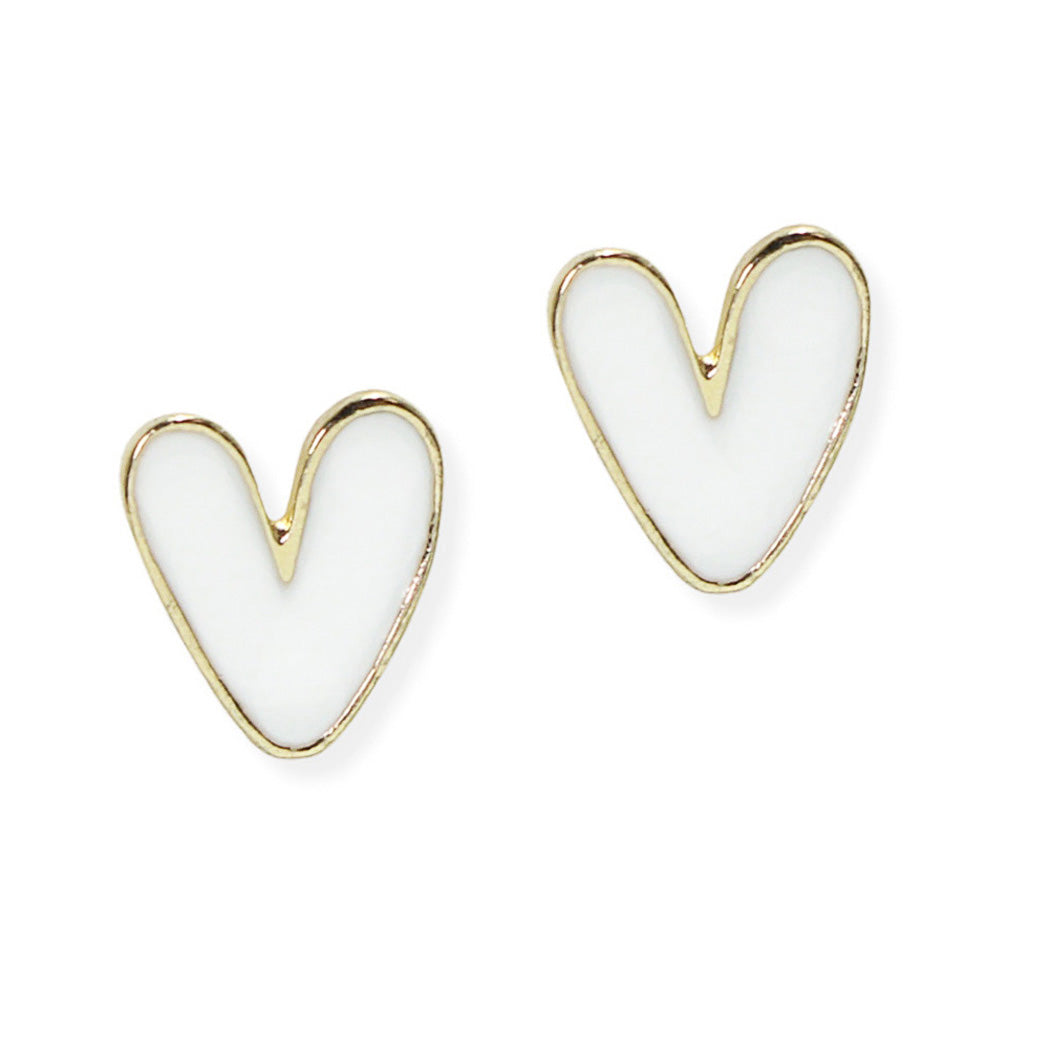 Gold/White Enamel Heart Stud Earrings