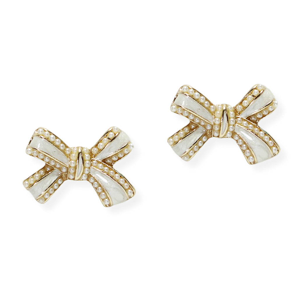 Gold/Cream Ribbon Bow Pearl Accent Stud Earrings