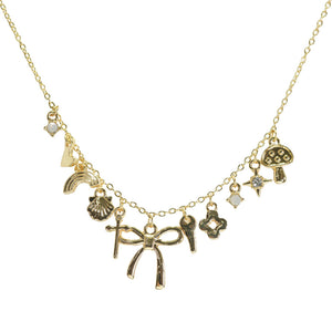 Gold Ribbon Bow, Key, Clover, Mushroom, Cross and Seashell Multi Charm Necklace