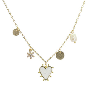 Gold Heart, Flower and Freshwater Pearl Multi Charm Necklace