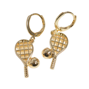 Gold Tennis racquet ball Huggie Dangle Earrings