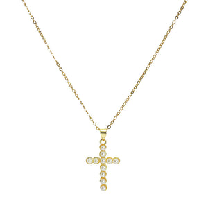 Gold/Cream Cross Pearl Accent Stainless Steel Pendant Necklace