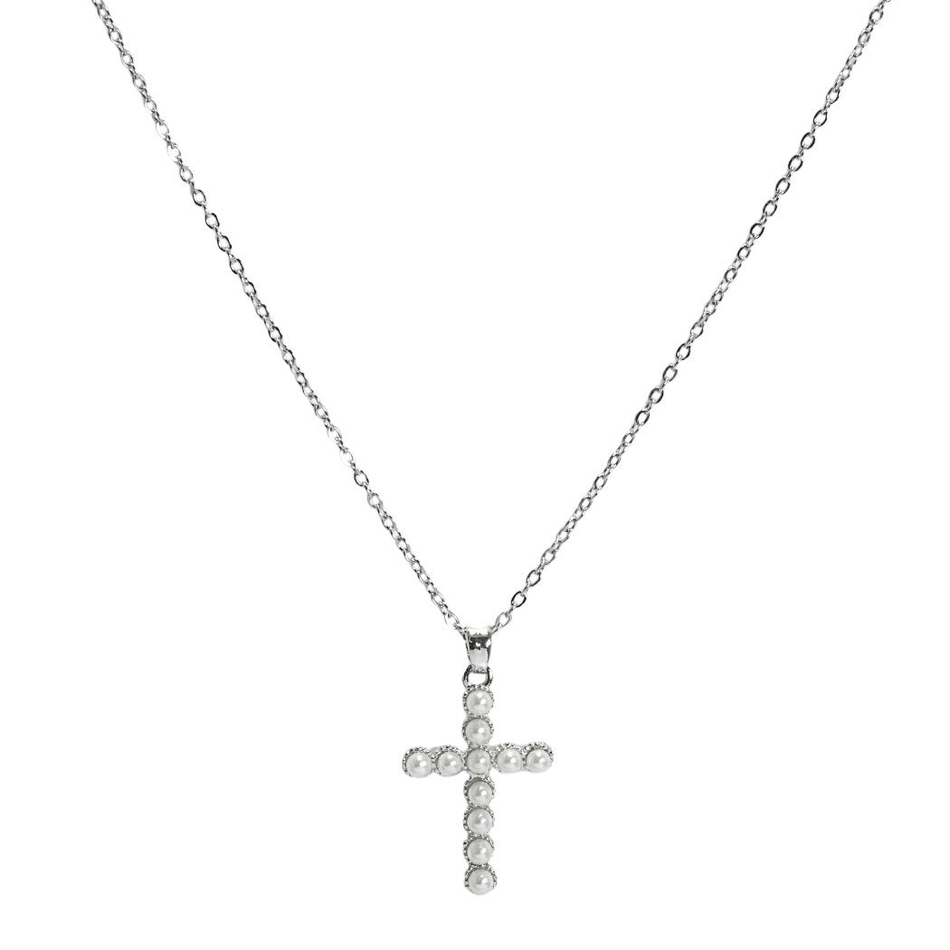 Silver/Cream Cross Pearl Accent Stainless Steel Pendant Necklace