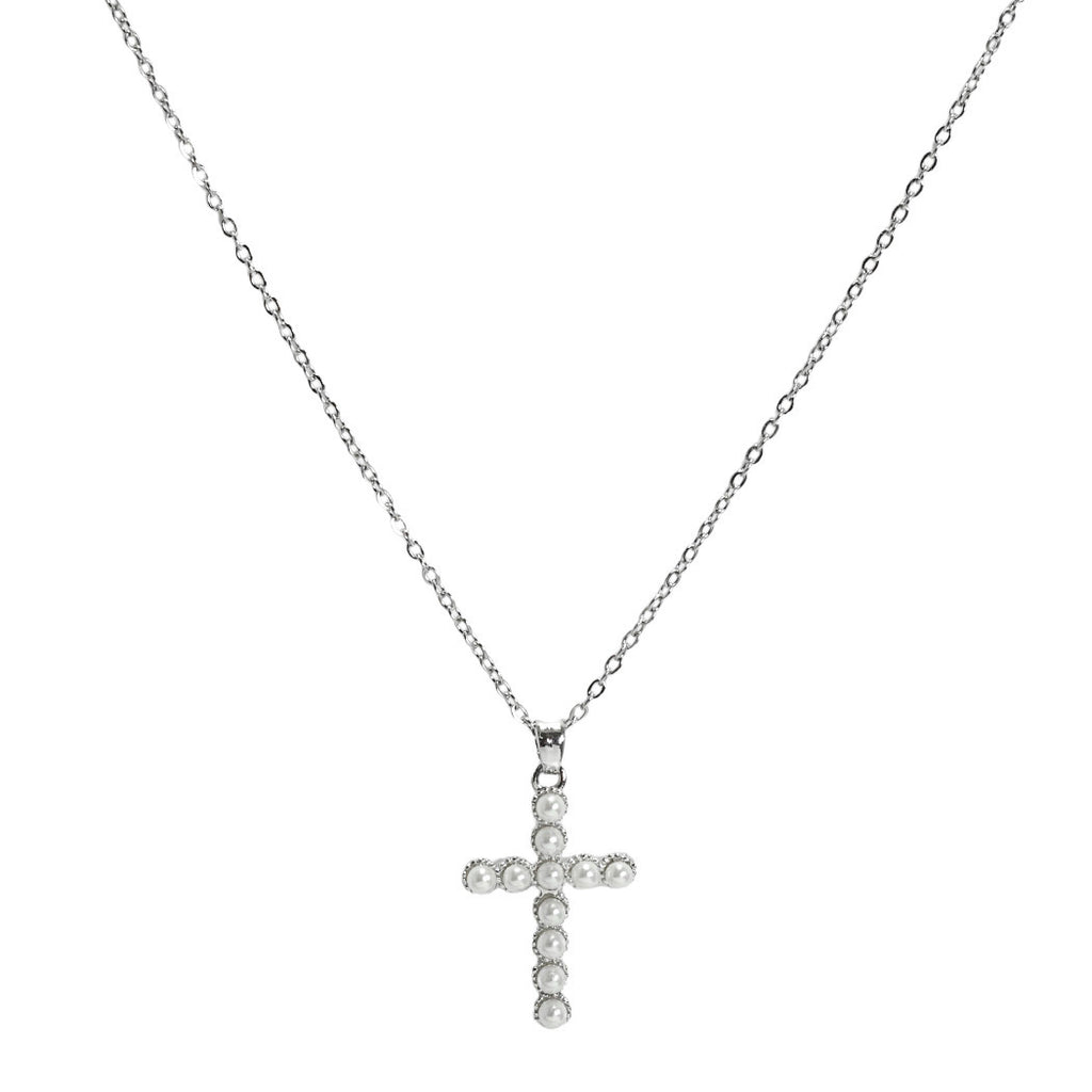 Silver/Cream Cross Pearl Accent Stainless Steel Pendant Necklace