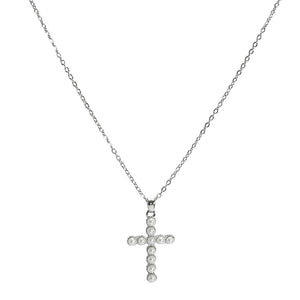 Silver/Cream Cross Pearl Accent Stainless Steel Pendant Necklace