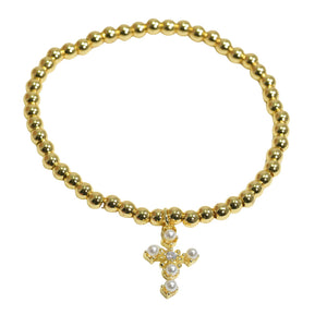 Gold/Cream Cross Pearl Accent Charm Stainless Steel Ball Beaded Stretch Bracelet