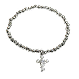 Silver/Cream Cross Pearl Accent Charm Stainless Steel Ball Beaded Stretch Bracelet