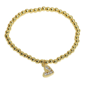 Gold Dainty Heart Crystal Rhinestone Accent Charm Stainless Steel Beaded Stretch Bracelet