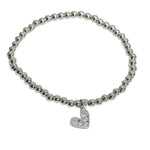 Silver Dainty Heart Crystal Rhinestone Accent Charm Stainless Steel Beaded Stretch Bracelet