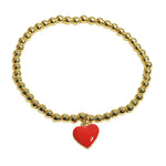 Gold/Red Dainty Heart Enamel Charm Stainless Steel Beaded Stretch Bracelet