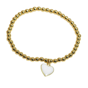 Gold/White Dainty Heart Enamel Charm Stainless Steel Beaded Stretch Bracelet