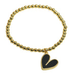 Gold/Black Heart Enamel Charm Stainless Steel Beaded Stretch Bracelet