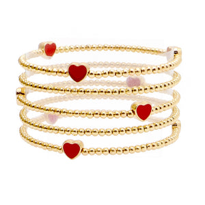 Gold/Red Enamel Heart Accent Multi Layered Ball Beaded Stretch Bracelet