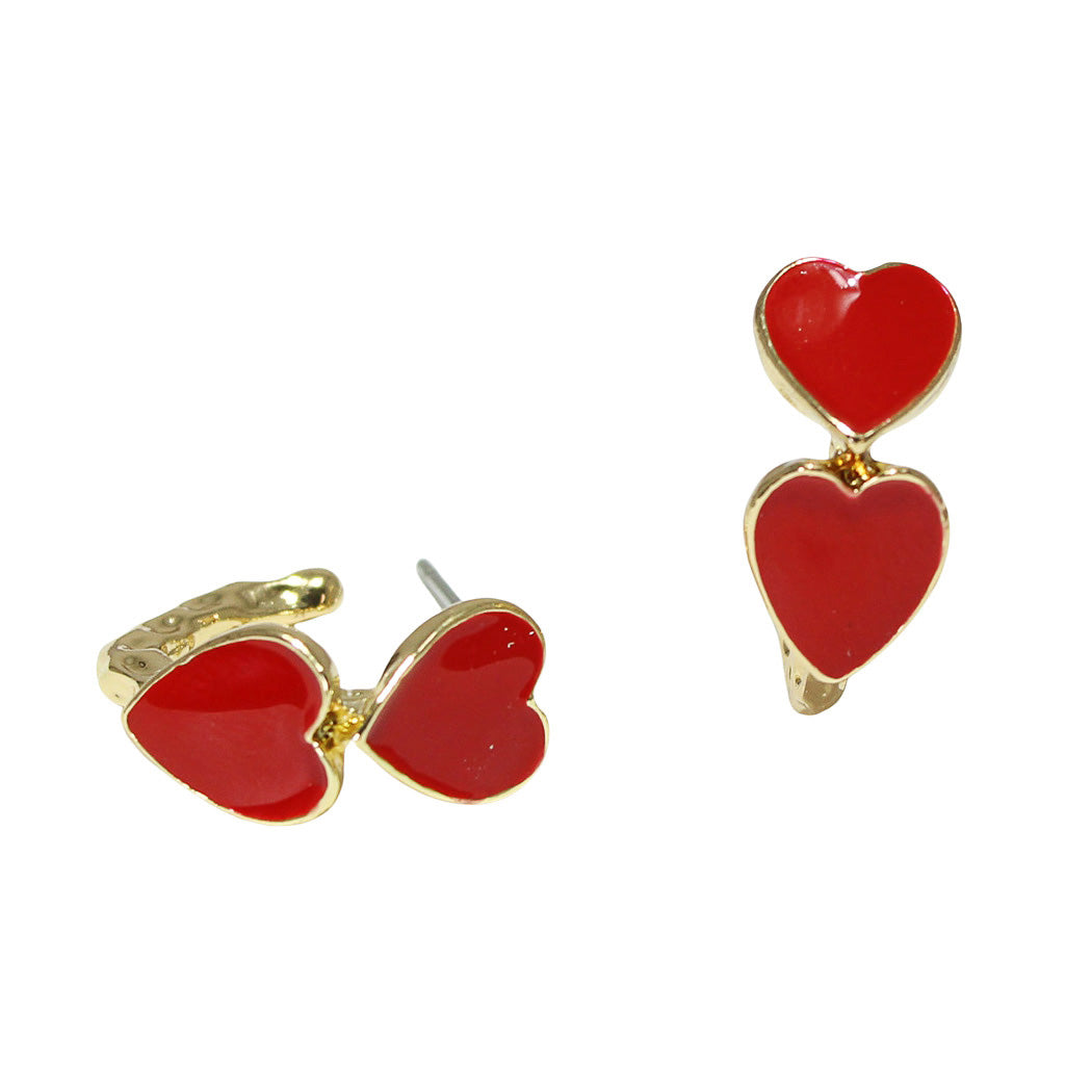 Gold/Red Enamel Heart Accent Post Hoop Earrings