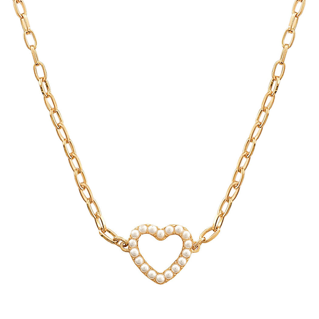 Gold/Cream Cutout Heart Pearl Pendant Necklace