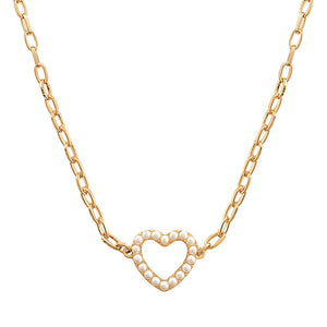 Gold/Cream Cutout Heart Pearl Pendant Necklace