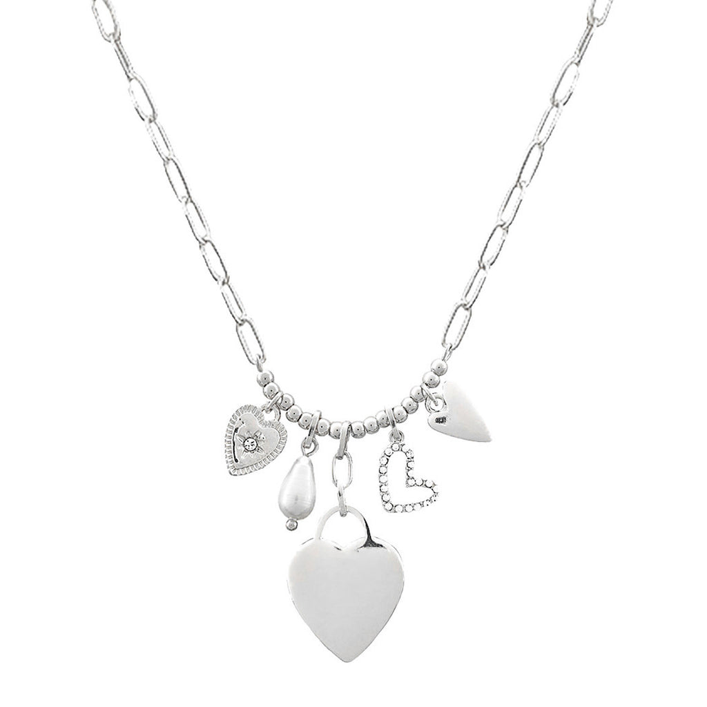 Heart, Pave Heart And Freshwater Pearl Multi Charm Necklace