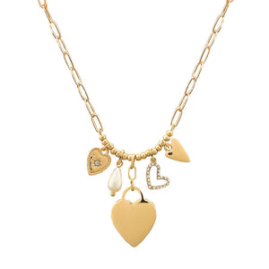 Heart, Pave Heart And Freshwater Pearl Multi Charm Necklace