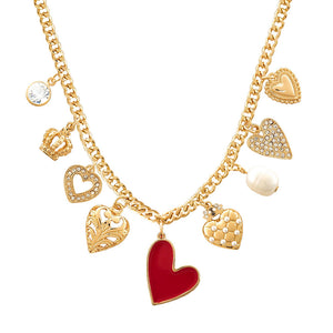 Gold/Red Heart Enamel, Crown, Pave Heart and Pearl Heart Multi Charm Necklace