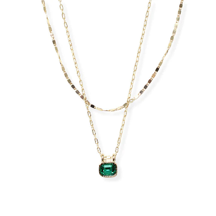 DAINTY GEOMETRIC GREEN RHINESTONE ACCENT DOUBLE LAYERED NECKLACE