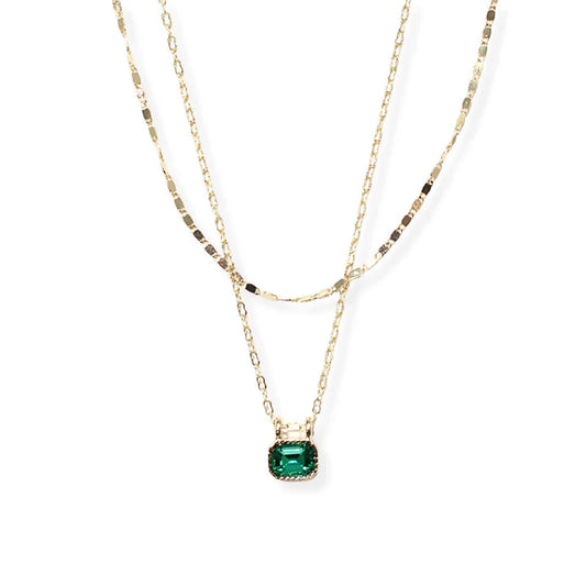 DAINTY GEOMETRIC GREEN RHINESTONE ACCENT DOUBLE LAYERED NECKLACE