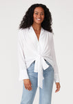 Long Sleeve V-Neck High Low Tie Front Blouse