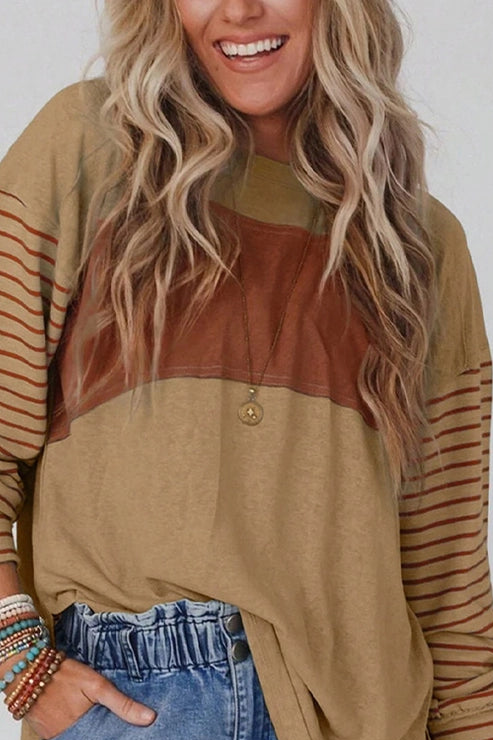 Color Block Stripe Long Sleeve Top - Khaki Mix