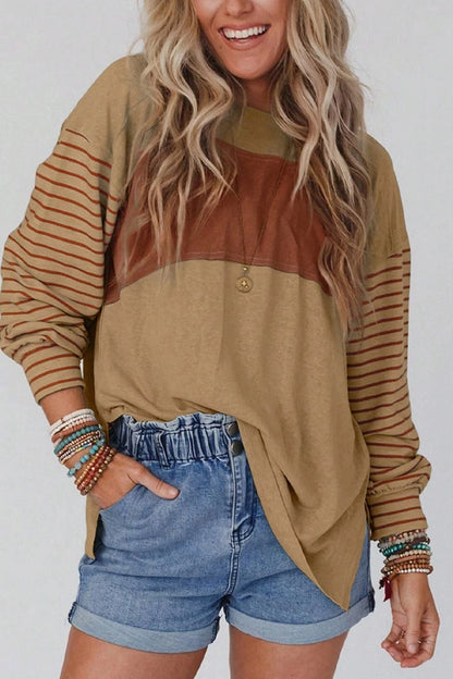 Color Block Stripe Long Sleeve Top - Khaki Mix