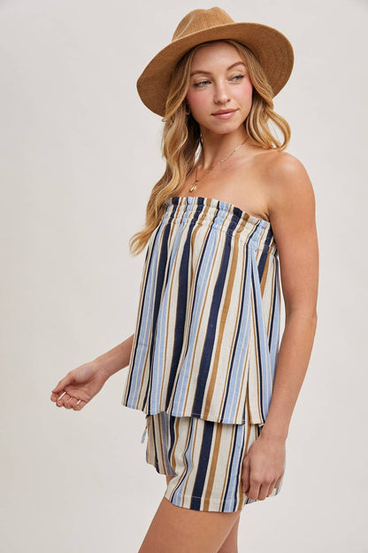 CORFU STRIPED SLEEVELESS SMOCKED TOP & SHORTS SET: NAVY COMBO / SMALL