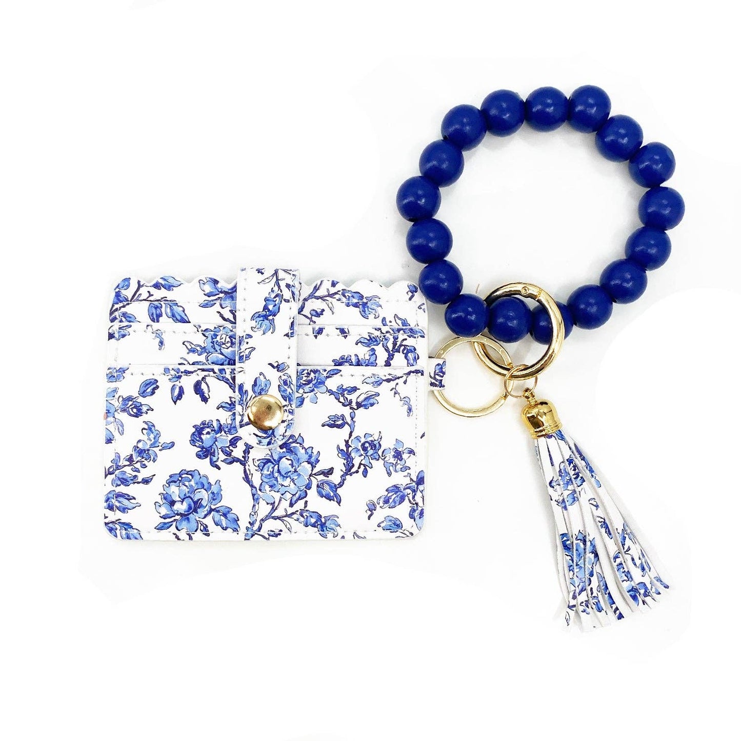 Blue Flower Beaded Wristlet ID Wallet