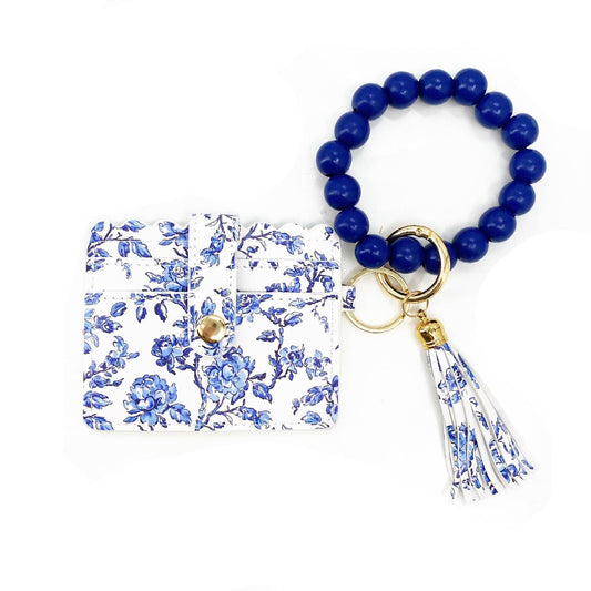 Blue Flower Beaded Wristlet ID Wallet