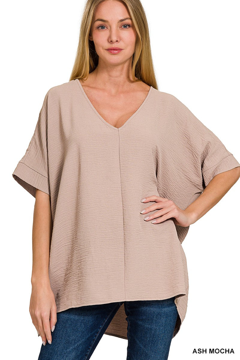 Zenana Ash Mocha Woven Airflow V-Neck Dolman Top