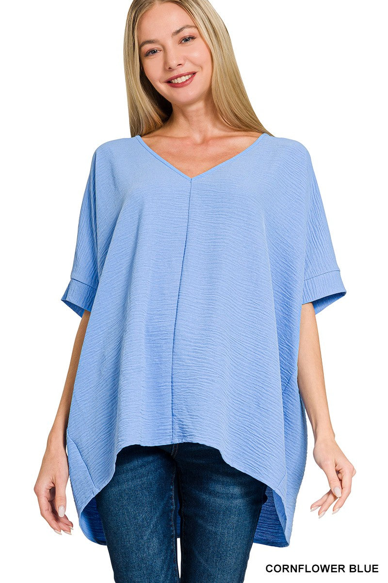 Zenana Cornflower Blue Woven Airflow V-Neck Dolman Top