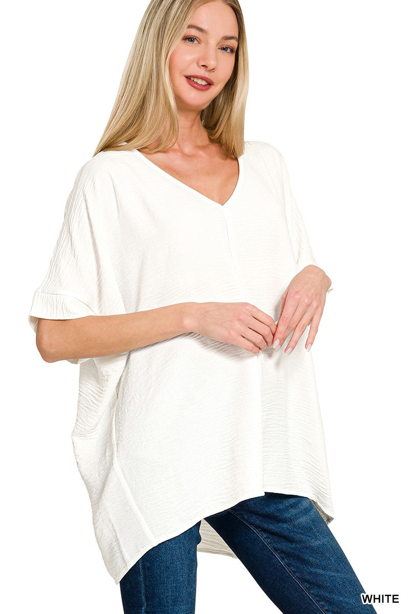 Zenana White Woven Airflow V-Neck Dolman Short Sleeve Top