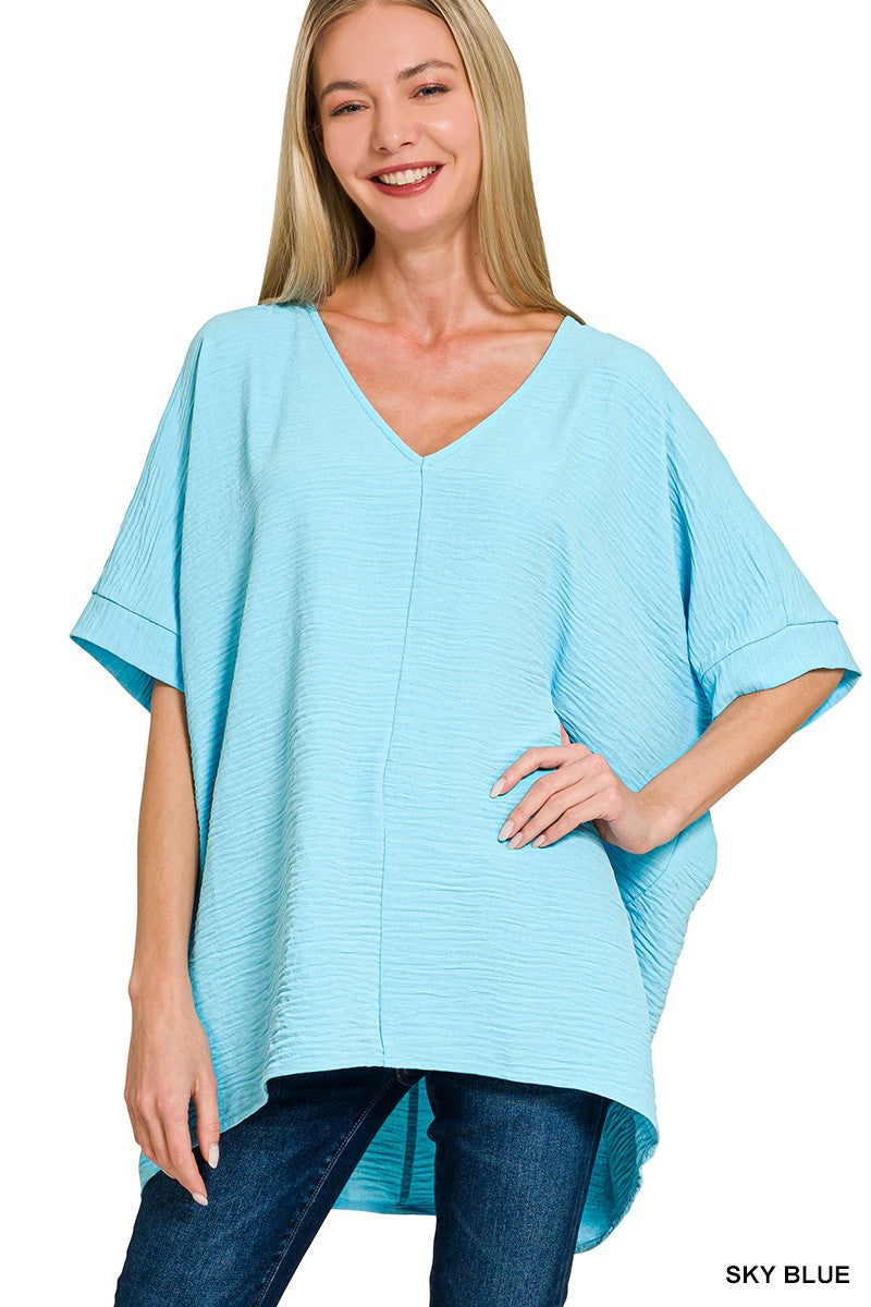 Zenana Sky Blue Woven Airflow V-Neck Dolman Short Sleeve Top