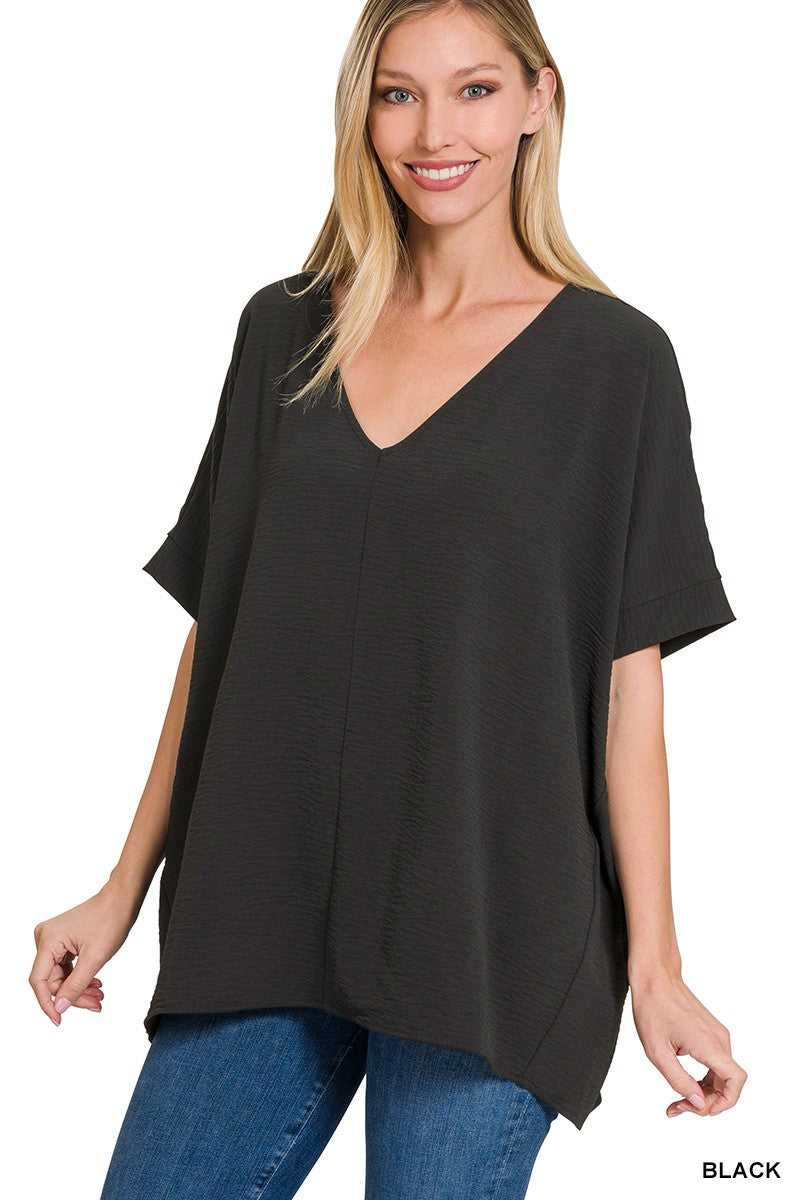 Zenana Black Woven Airflow V-Neck Dolman Top