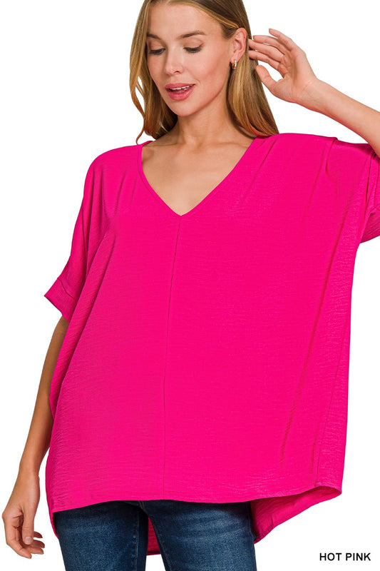 Zenana Hot Pink Woven Airflow V-Neck Dolman Short Sleeve Top