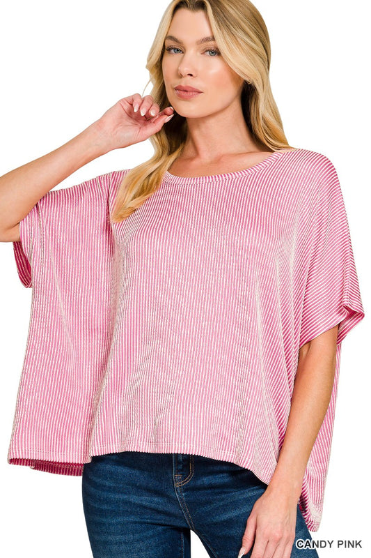 Zenana Candy Pink Ribbed Striped Top