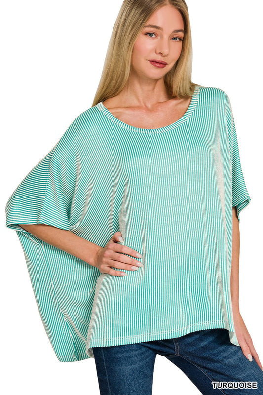 Zenana Turquoise Ribbed Striped Oversized Top