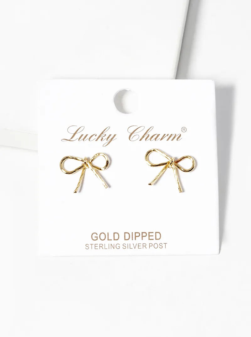 18K Gold Dipped Textured Wire Ribbon Bow Post Stud Earrings