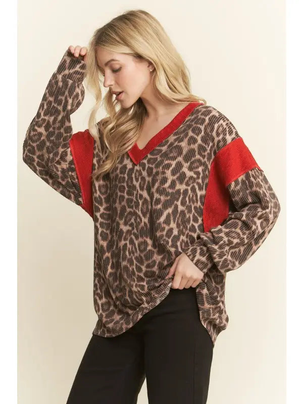 Red Long Sleeve Animal Urban Rib Top