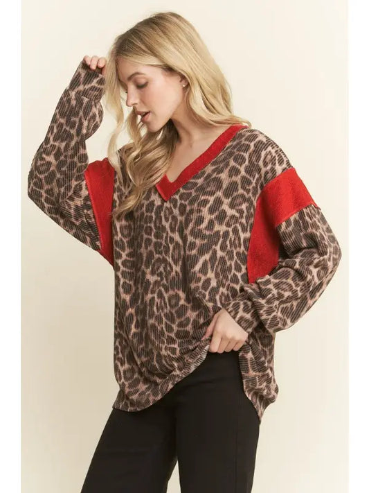 Red Long Sleeve Animal Urban Rib Top