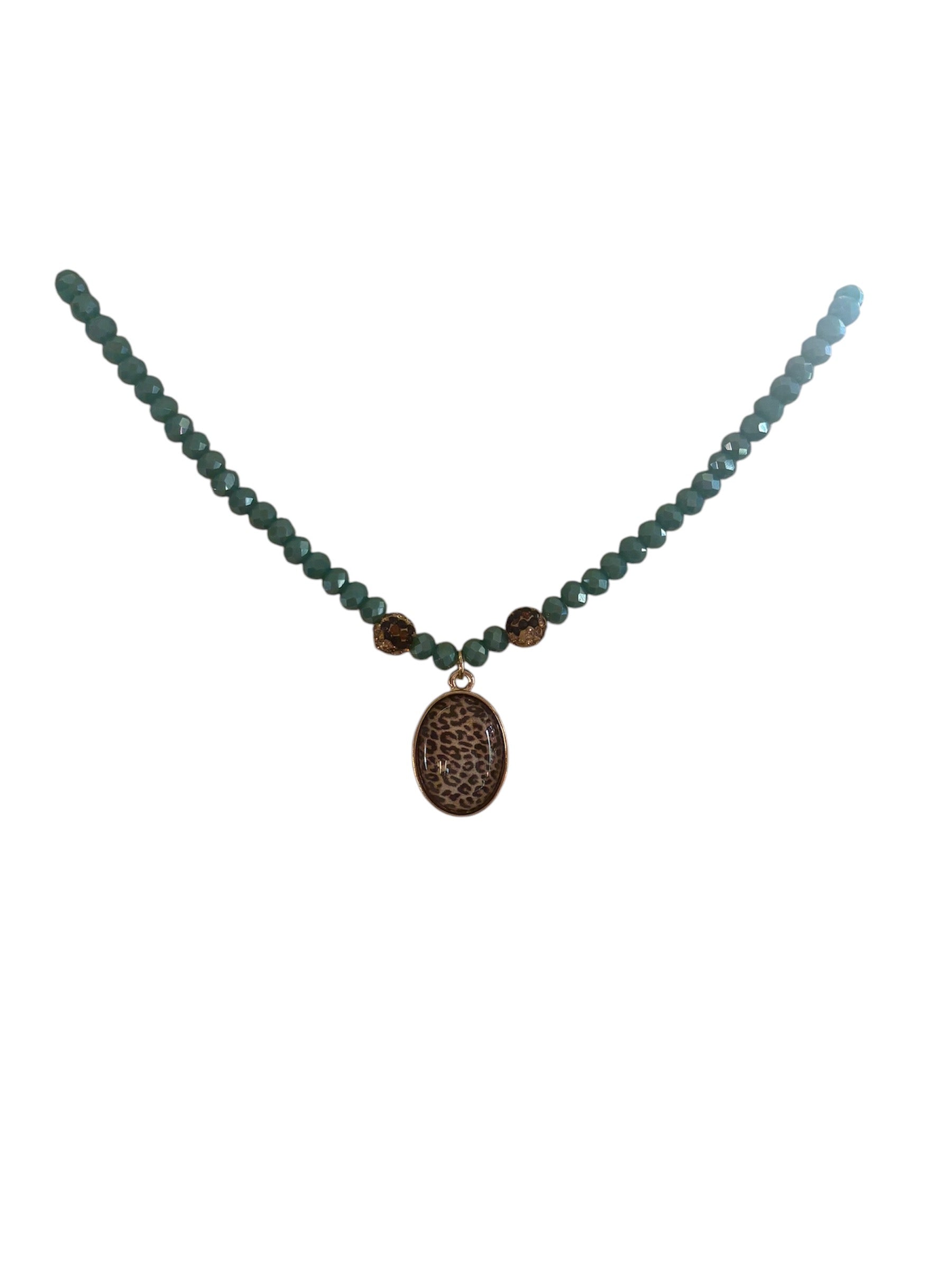 Turquoise Beaded Necklace with Lepoard Charm