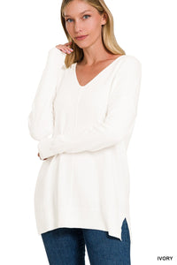 Zenana Ivory Viscose Front Seam Sweater