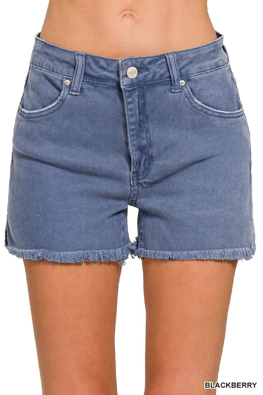 Blueberry Acid Washed Frayed Cutoff Hem Shorts