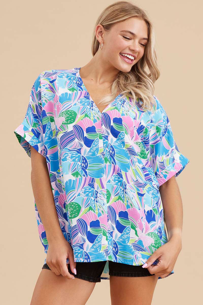 Print V-neck Boxy Top Royal/Green