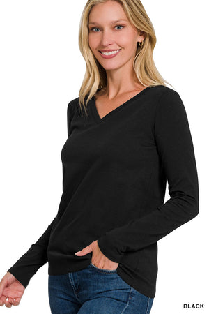 Cotton V-Neck Long-Sleeve Shirt