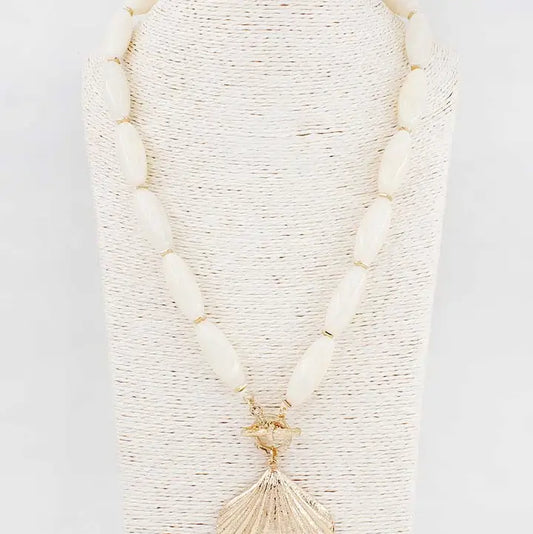 White Oval Stone 16"-18" Necklace with Gold 2" Shell Charm